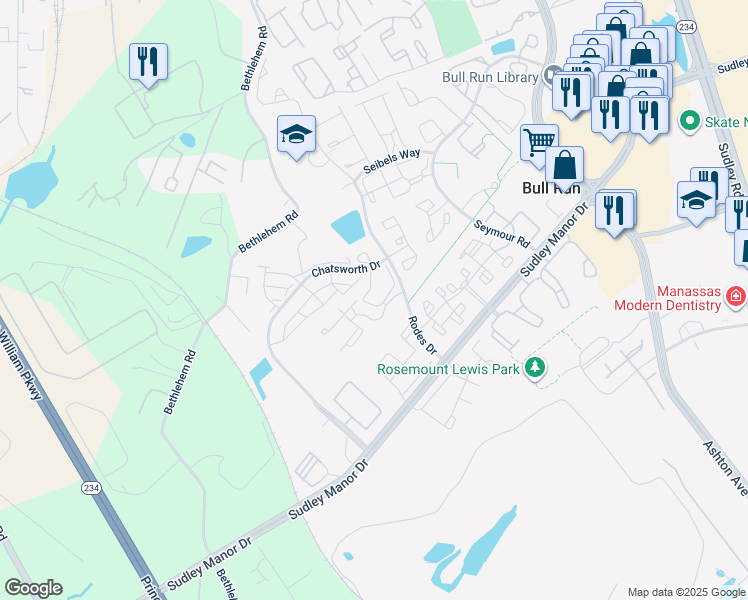map of restaurants, bars, coffee shops, grocery stores, and more near 8141 Bayonet Way in Manassas
