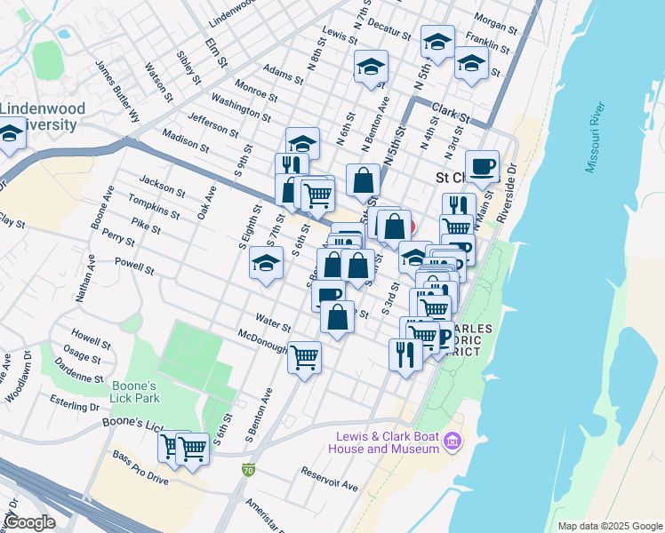 map of restaurants, bars, coffee shops, grocery stores, and more near 531 Jackson Street in Saint Charles