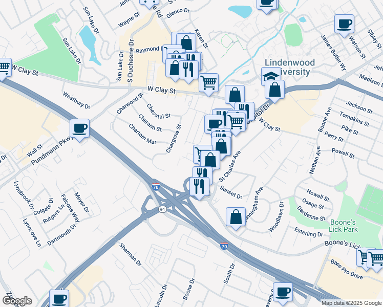 map of restaurants, bars, coffee shops, grocery stores, and more near 10 Bel Rae Court in Saint Charles