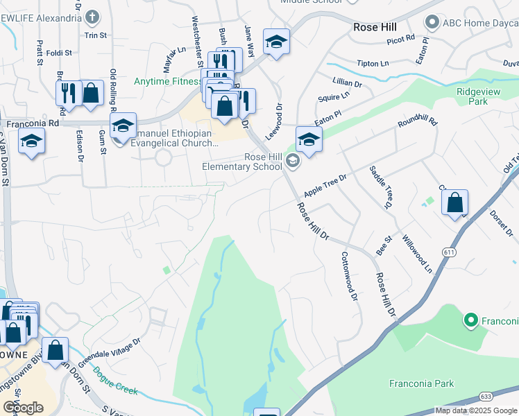 map of restaurants, bars, coffee shops, grocery stores, and more near 5022 Rose Hill Farm Drive in Alexandria