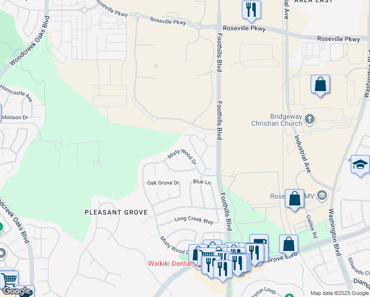 map of restaurants, bars, coffee shops, grocery stores, and more near 1609 Misty Wood Drive in Roseville