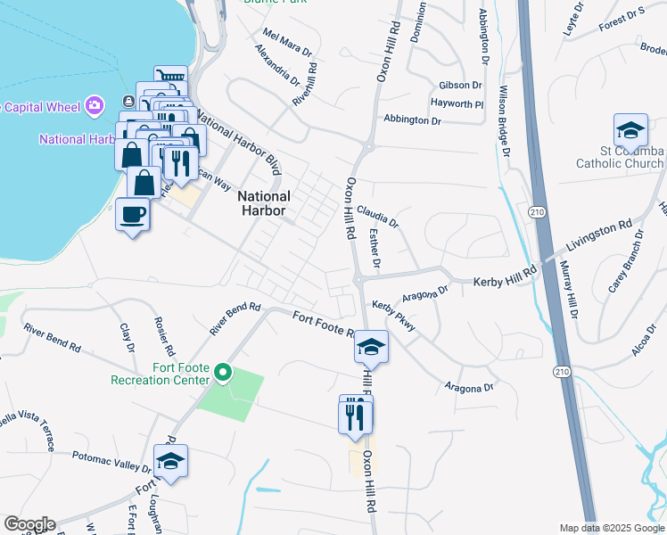 map of restaurants, bars, coffee shops, grocery stores, and more near 806 Fair Winds Way in Oxon Hill