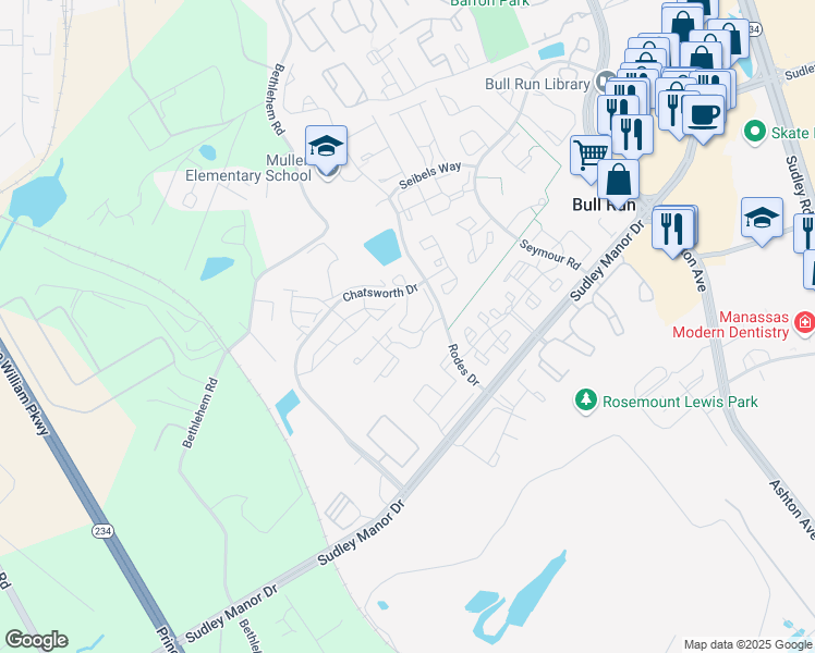 map of restaurants, bars, coffee shops, grocery stores, and more near 8141 Bayonet Way in Manassas