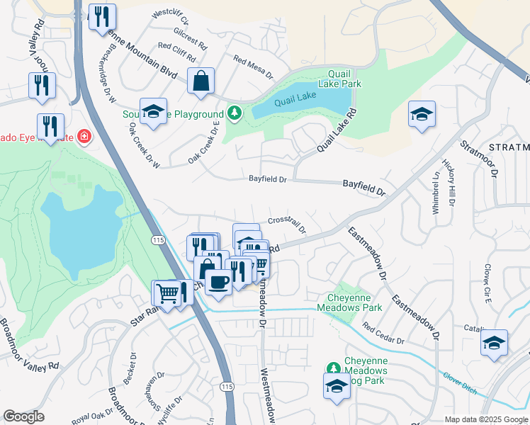 map of restaurants, bars, coffee shops, grocery stores, and more near 905 Crosstrail Drive in Colorado Springs