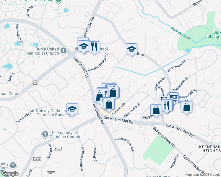 map of restaurants, bars, coffee shops, grocery stores, and more near 9521 Orion Court in Burke