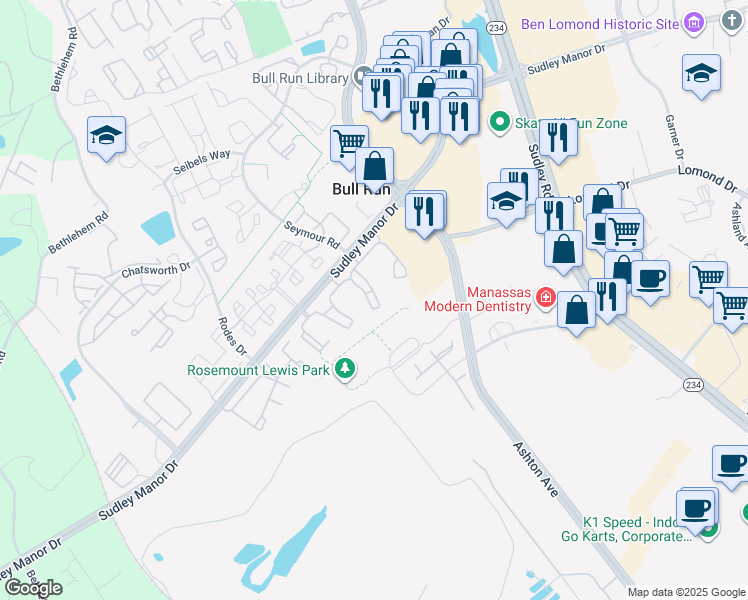 map of restaurants, bars, coffee shops, grocery stores, and more near in Manassas