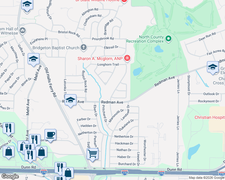 map of restaurants, bars, coffee shops, grocery stores, and more near 11279 Prentice Drive in Florissant