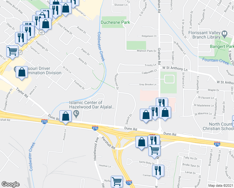 map of restaurants, bars, coffee shops, grocery stores, and more near 7483 Hazelcrest Drive in Hazelwood