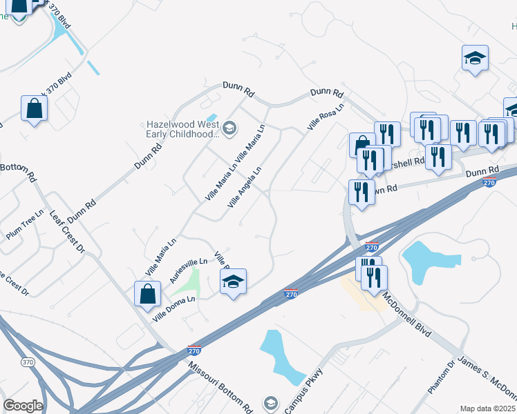 map of restaurants, bars, coffee shops, grocery stores, and more near 5227 Ville Anita Court in Hazelwood