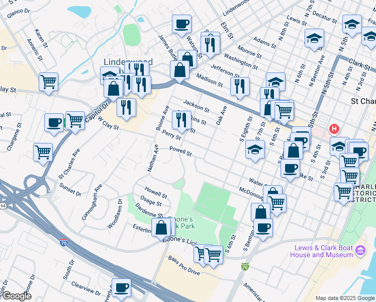 map of restaurants, bars, coffee shops, grocery stores, and more near 1025 Powell Street in Saint Charles