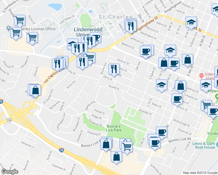 map of restaurants, bars, coffee shops, grocery stores, and more near 815 Forest Avenue in Saint Charles