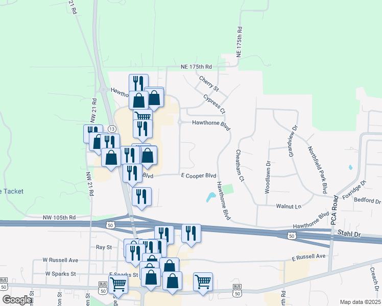 map of restaurants, bars, coffee shops, grocery stores, and more near 407 Cooper Boulevard in Warrensburg