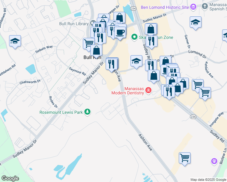 map of restaurants, bars, coffee shops, grocery stores, and more near 8200 Ashton Avenue in Manassas