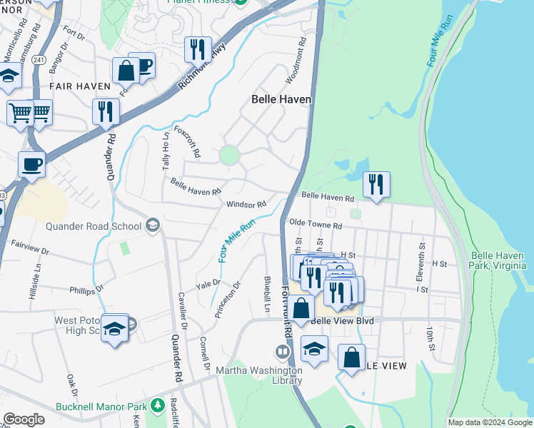 map of restaurants, bars, coffee shops, grocery stores, and more near 1913 Windsor Road in Alexandria