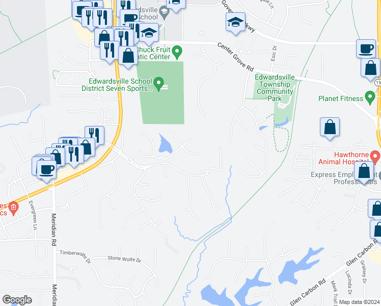 map of restaurants, bars, coffee shops, grocery stores, and more near 1 Estates Lane East in Glen Carbon