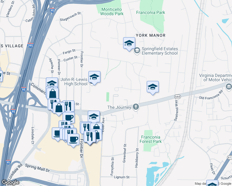 map of restaurants, bars, coffee shops, grocery stores, and more near 6410 Franconia Court in Springfield