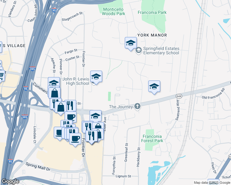map of restaurants, bars, coffee shops, grocery stores, and more near 6416 Franconia Court in Springfield