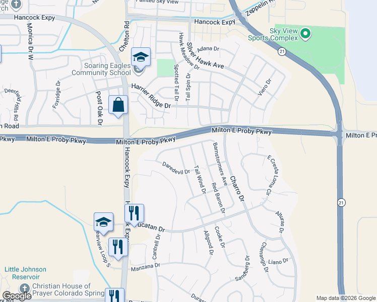 map of restaurants, bars, coffee shops, grocery stores, and more near 3543 Tail Wind Drive in Colorado Springs