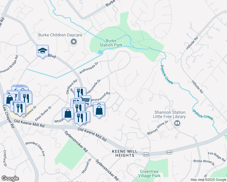 map of restaurants, bars, coffee shops, grocery stores, and more near 6328 Fenestra Court in Burke
