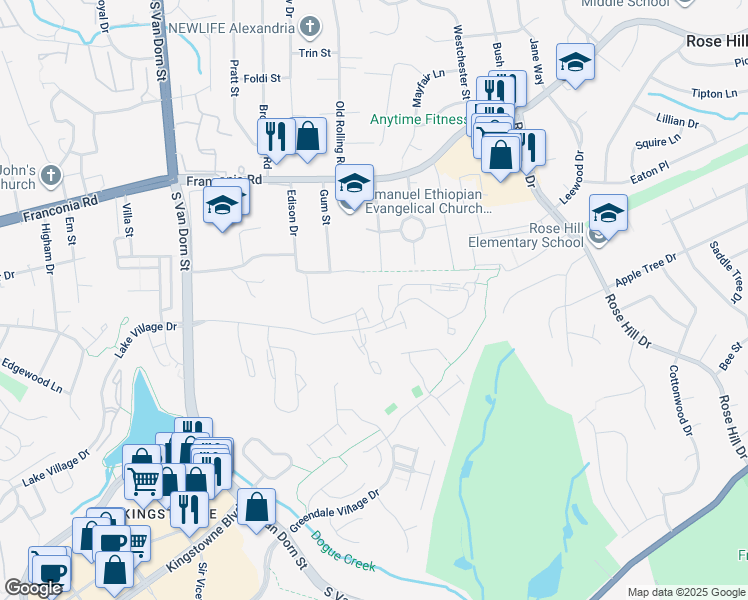 map of restaurants, bars, coffee shops, grocery stores, and more near 6326 Dunman Way in Alexandria