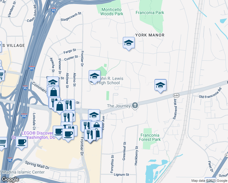 map of restaurants, bars, coffee shops, grocery stores, and more near 6414 Franconia Court in Springfield