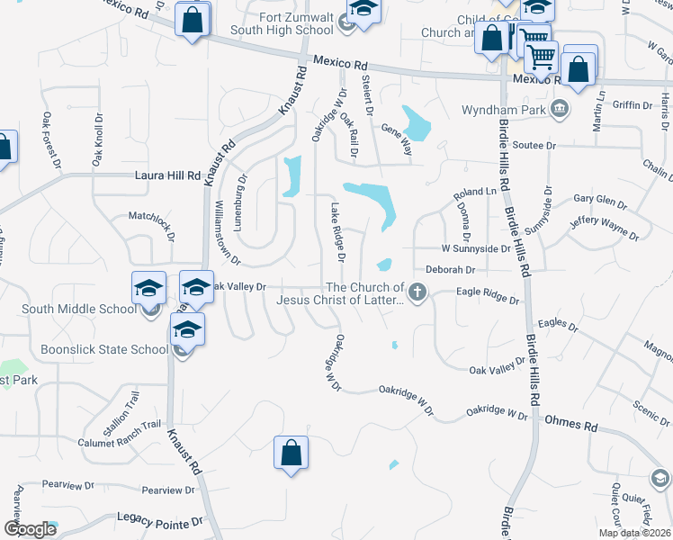 map of restaurants, bars, coffee shops, grocery stores, and more near 132 Lake Ridge Drive in St. Peters