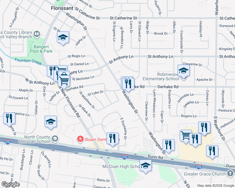 map of restaurants, bars, coffee shops, grocery stores, and more near 285 Saint Richard Drive in Florissant