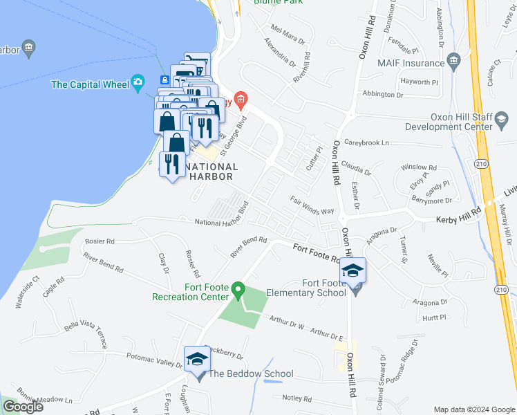 map of restaurants, bars, coffee shops, grocery stores, and more near 506 Rampart Way in Oxon Hill
