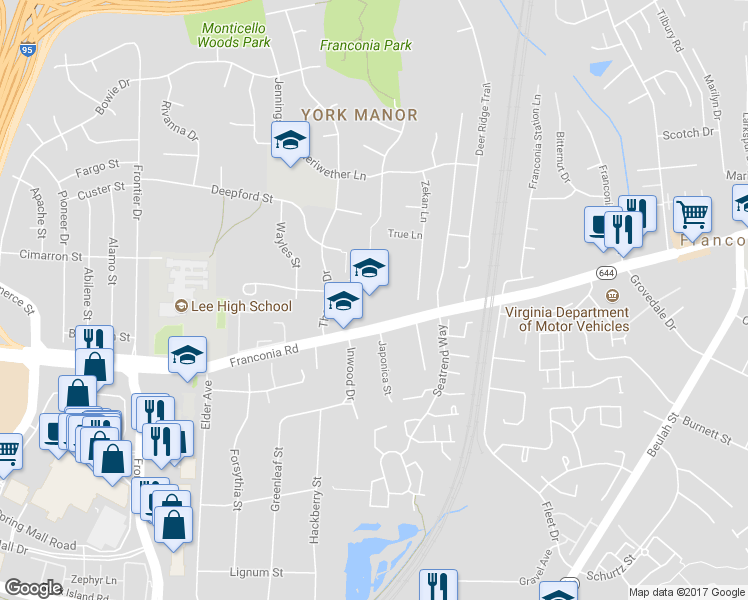 map of restaurants, bars, coffee shops, grocery stores, and more near 6404 Franconia Road in Springfield
