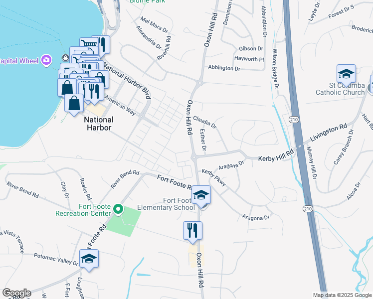 map of restaurants, bars, coffee shops, grocery stores, and more near 820 Fair Winds Way in Oxon Hill