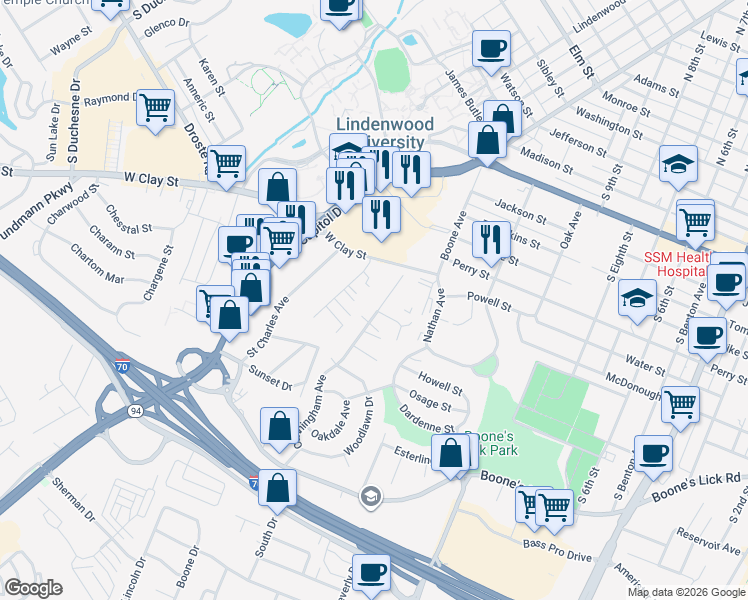 map of restaurants, bars, coffee shops, grocery stores, and more near 3 Gary Court in Saint Charles