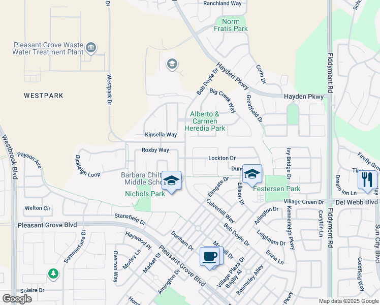 map of restaurants, bars, coffee shops, grocery stores, and more near 2309 Staxton Circle in Roseville