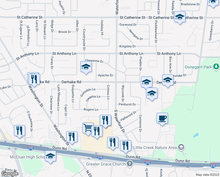 map of restaurants, bars, coffee shops, grocery stores, and more near 240 Coteau Lane in Florissant