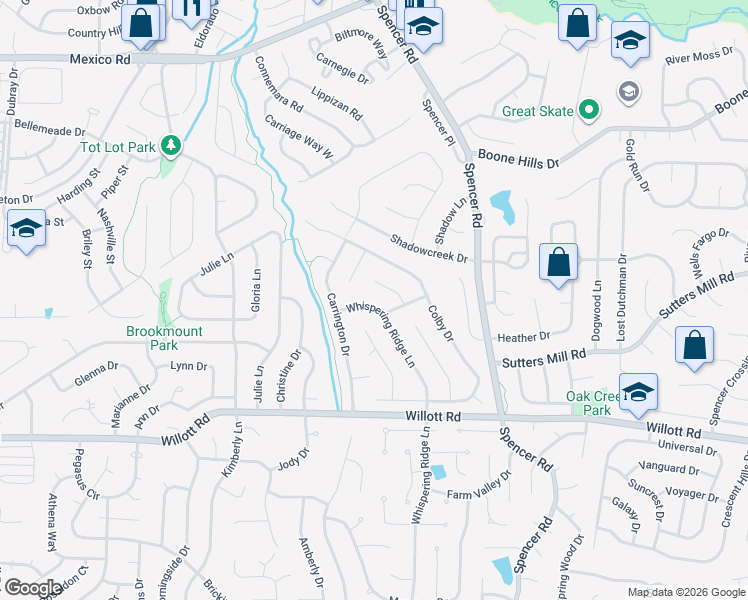 map of restaurants, bars, coffee shops, grocery stores, and more near 965 Whispering Ridge Lane in St. Peters