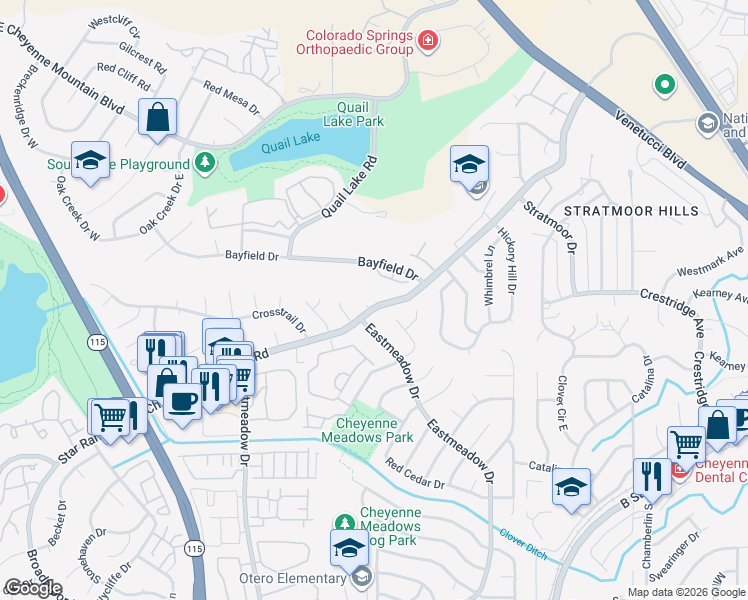 map of restaurants, bars, coffee shops, grocery stores, and more near 1214 Suncrest Way in Colorado Springs