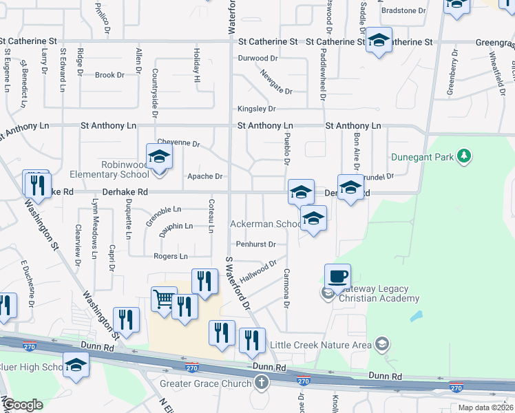 map of restaurants, bars, coffee shops, grocery stores, and more near 1065 Ermanda Drive in Florissant