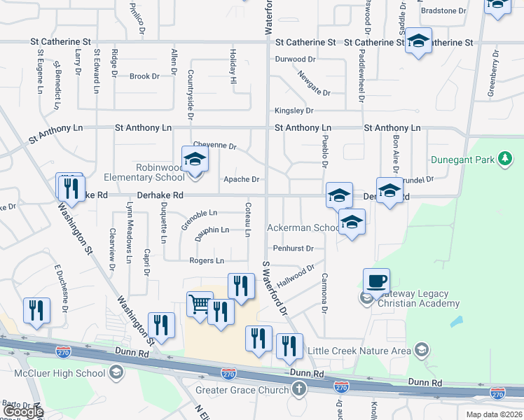 map of restaurants, bars, coffee shops, grocery stores, and more near 1060 South Waterford Drive in Florissant