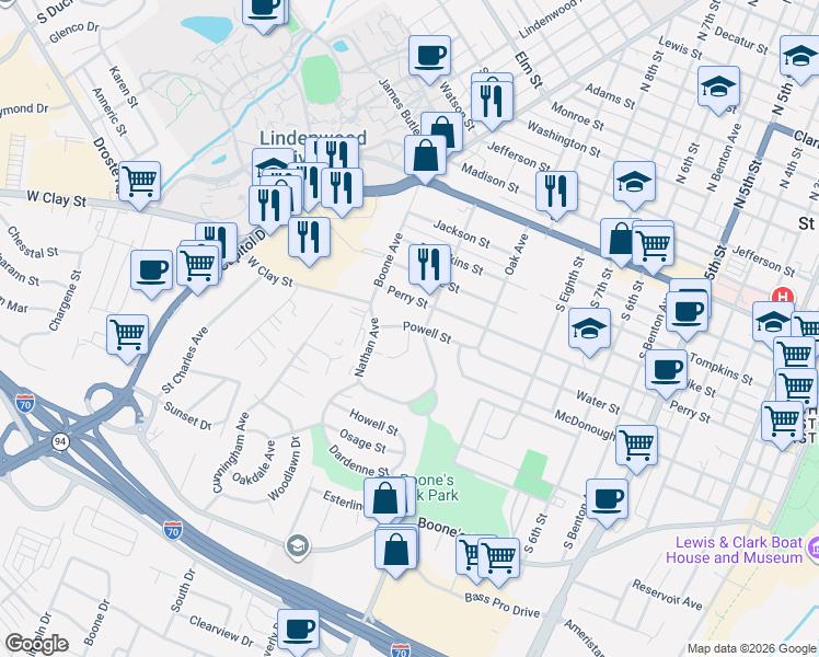 map of restaurants, bars, coffee shops, grocery stores, and more near 815 Forest Avenue in Saint Charles