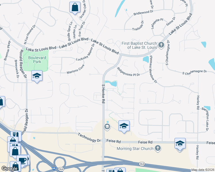 map of restaurants, bars, coffee shops, grocery stores, and more near 100 Big River Drive in Lake Saint Louis