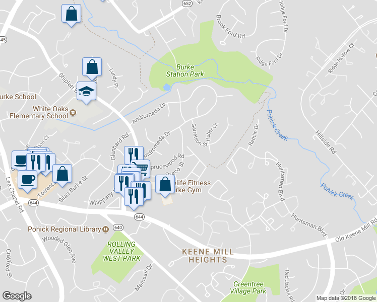 map of restaurants, bars, coffee shops, grocery stores, and more near 6326 Fenestra Court in Burke