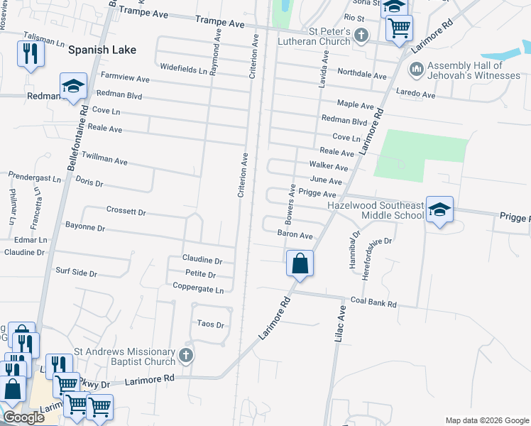 map of restaurants, bars, coffee shops, grocery stores, and more near 1231 Congress Avenue in St. Louis