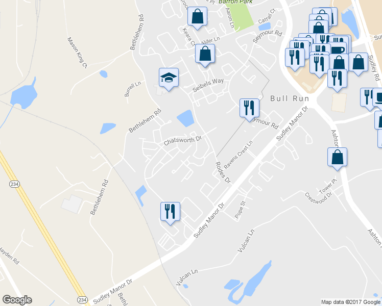 map of restaurants, bars, coffee shops, grocery stores, and more near 8128 Bayonet Way in Manassas