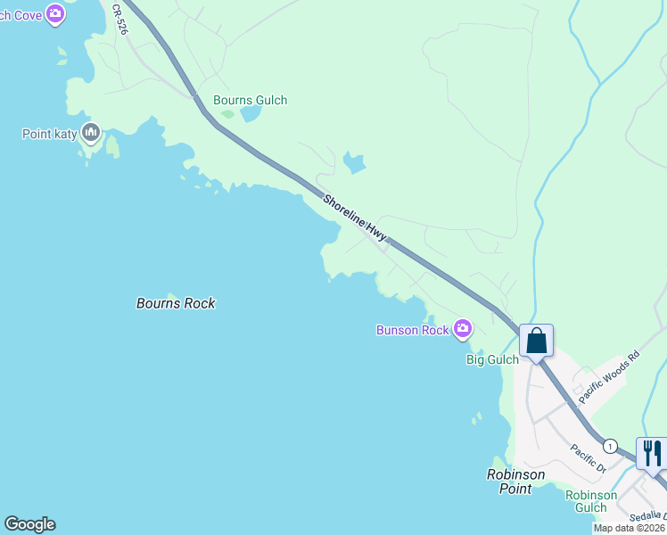 map of restaurants, bars, coffee shops, grocery stores, and more near 47061 Big Gulch Rd in Mendocino