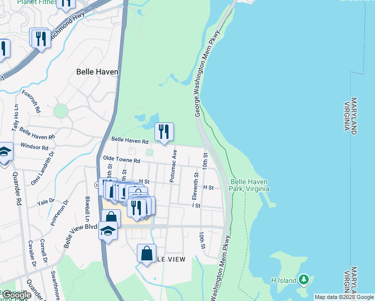 map of restaurants, bars, coffee shops, grocery stores, and more near 1203 Belle Haven Road in Alexandria
