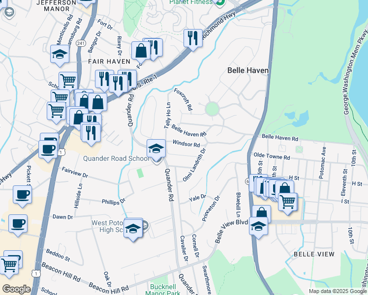map of restaurants, bars, coffee shops, grocery stores, and more near 2203 Windsor Road in Alexandria