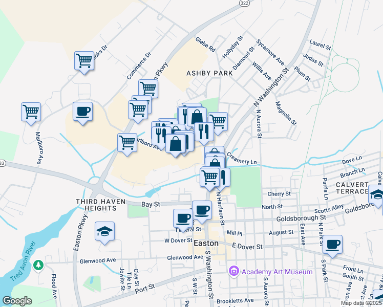 map of restaurants, bars, coffee shops, grocery stores, and more near 104 Marlboro Avenue in Easton