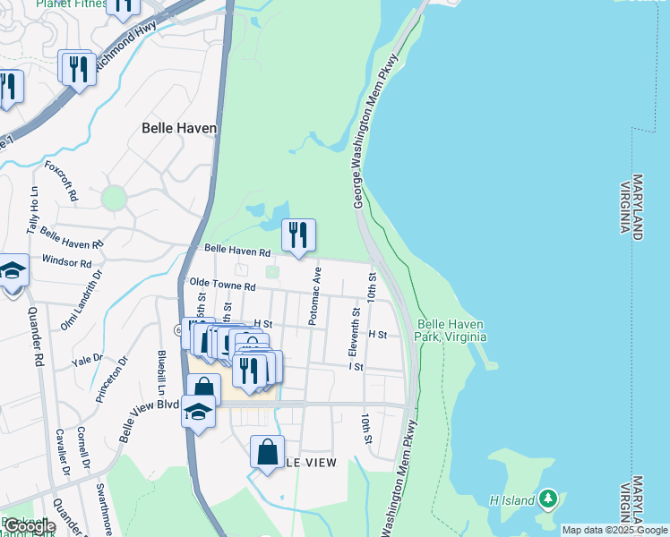 map of restaurants, bars, coffee shops, grocery stores, and more near 1203 Belle Haven Road in Alexandria