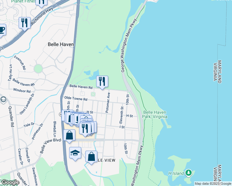 map of restaurants, bars, coffee shops, grocery stores, and more near 1203 Belle Haven Road in Alexandria