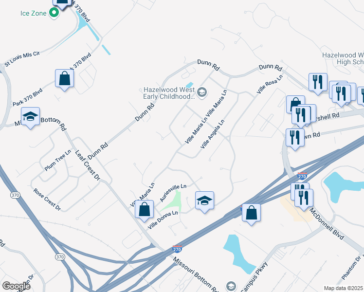 map of restaurants, bars, coffee shops, grocery stores, and more near 1316 Ville-Cecelia Lane in Hazelwood
