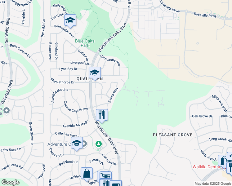 map of restaurants, bars, coffee shops, grocery stores, and more near 1462 Zinnia Way in Roseville